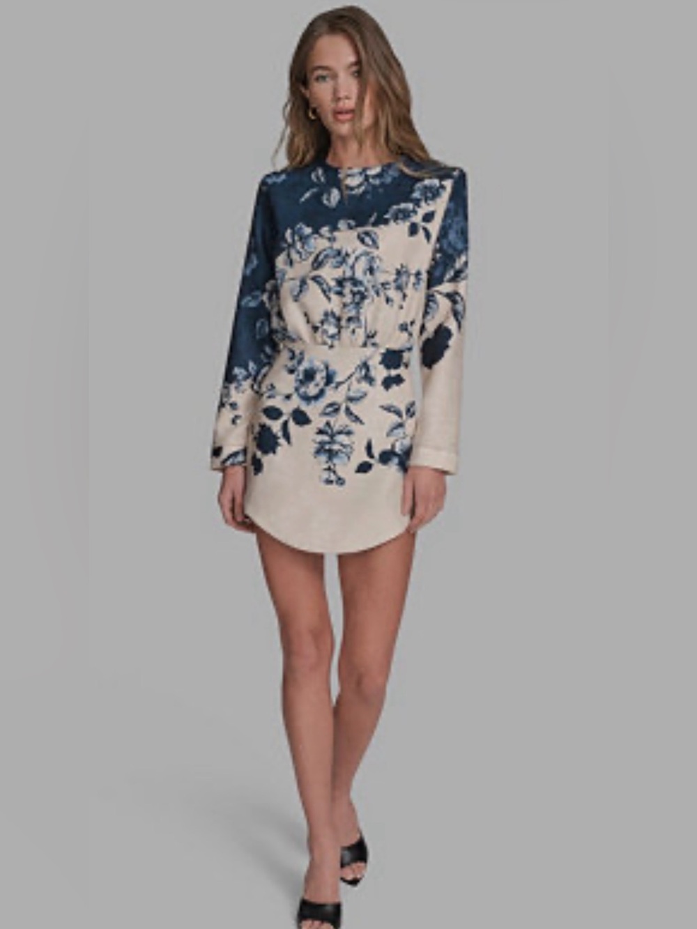 BCBG Blue and Cream Floral Long-Sleeve Dress 2